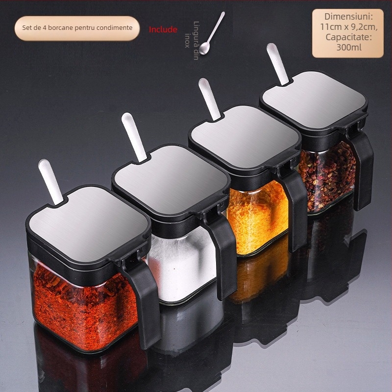 Set de sticle de condimente din sticlă cu raft de depozitare și mâner, include lingură din oțel inoxidabil 304 pentru condimente solide