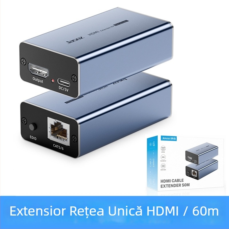Comutator KVM cu extensor HDMI, 60 m RJ45 către HDMI, amplificator de semnal, 1080p/60Hz, suport pentru gestionarea energiei