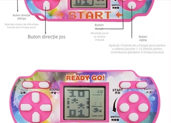 Consolă portabilă retro cu Tetris clasic și jocuri de puzzle – gameplay RPG – design nostalgic