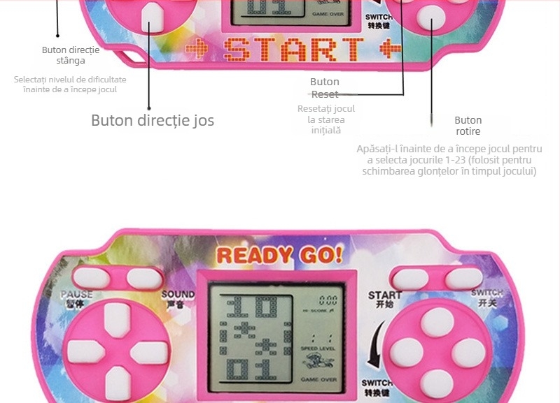 Consolă portabilă retro cu Tetris clasic și jocuri de puzzle – gameplay RPG – design nostalgic