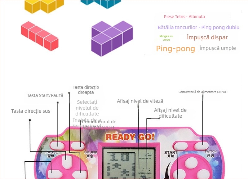 Consolă portabilă retro cu Tetris clasic și jocuri de puzzle – gameplay RPG – design nostalgic