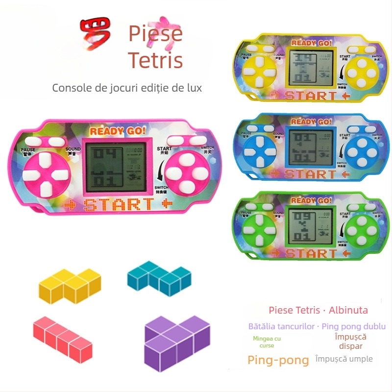 Consolă portabilă retro cu Tetris clasic și jocuri de puzzle – gameplay RPG – design nostalgic