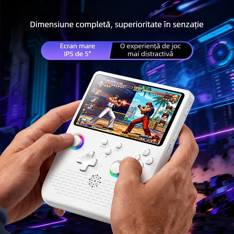 Consolă portabilă de jocuri open-source, cu joystickuri duale, ecran IPS HD, design arcade nostalgic, Linux 64-bit, stocare 64/128GB, conectivitate wireless