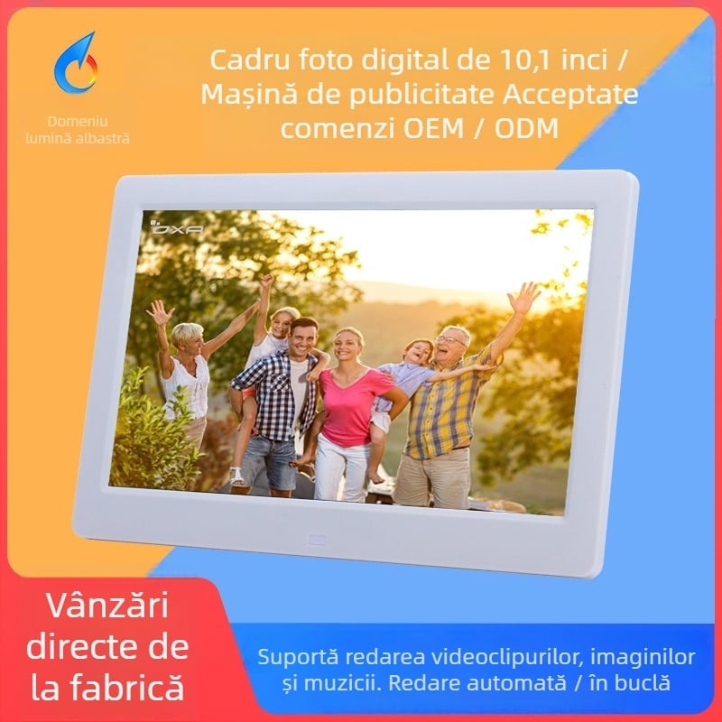 Ramă foto digitală cu afișaj publicitar, rezoluție 1024×600, suport BMP/JPEG, SD/USB/TF, redare muzică și video, ieșire TV, ramă ultra-subțire