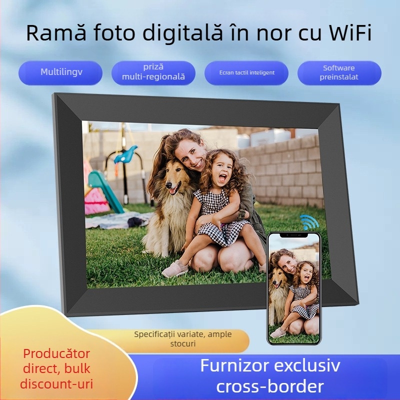 Ramă foto digitală inteligentă în cloud cu rezoluție 1280x800, stocare 32GB, suport card TF, touchscreen și control prin aplicație