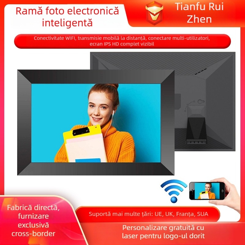 Ramă foto digitală inteligentă în cloud cu rezoluție 1280x800, stocare 32GB, suport card TF, touchscreen și control prin aplicație