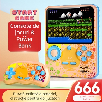 G6 666-in-1 Consolă portabilă de jocuri — Stil nostalgic retro, 1 GB memorie, Interfață USB, Conexiune cablată, Funcție Power Bank, Susține 2 jucători