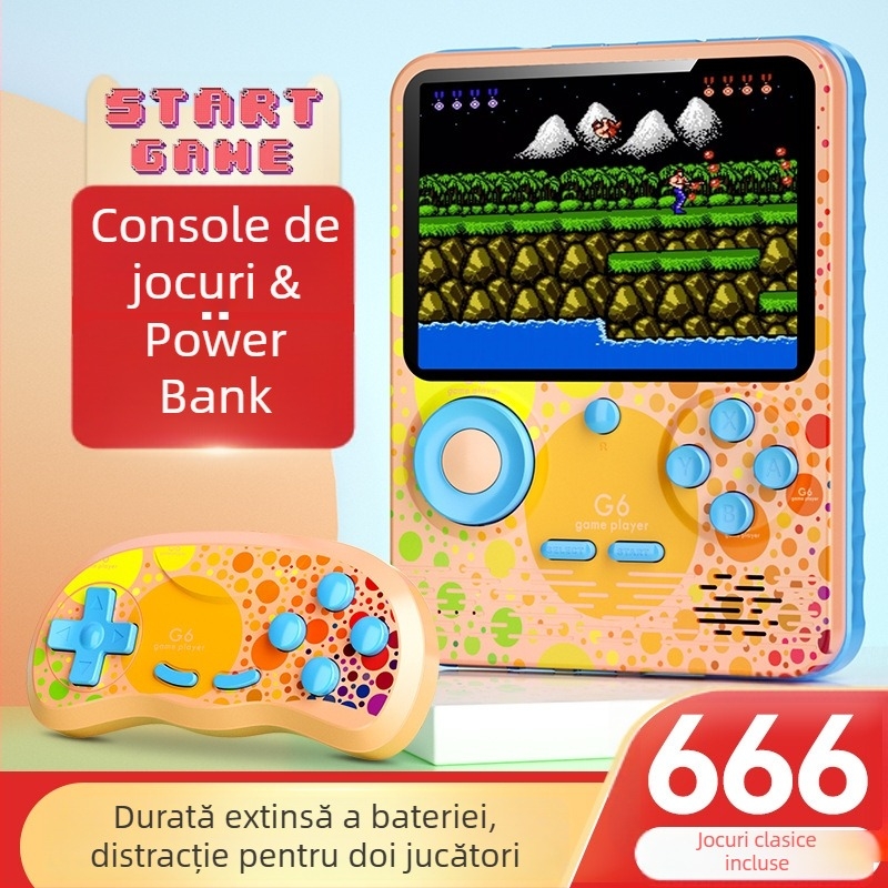 G6 666-in-1 Consolă portabilă de jocuri — Stil nostalgic retro, 1 GB memorie, Interfață USB, Conexiune cablată, Funcție Power Bank, Susține 2 jucători