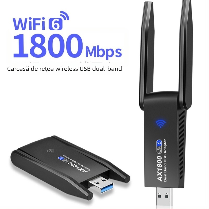 Cardă de rețea USB Wi‑Fi 6, fără driver, 1800 Mbps, Dual-Band 2.4/5 GHz, USB 3.0 pentru PC desktop