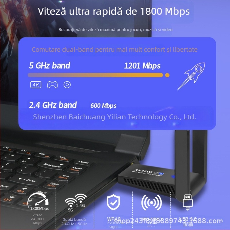 Cardă de rețea USB Wi‑Fi 6, fără driver, 1800 Mbps, Dual-Band 2.4/5 GHz, USB 3.0 pentru PC desktop