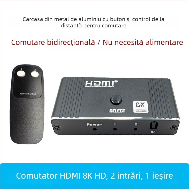 Switch HDMI 2 intrări/1 ieșire, cu telecomandă, 8K60Hz, compatibil cu toate sistemele, pentru comutarea afișajului PC/TV, garanție de 1 an