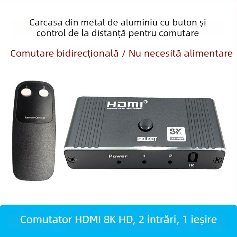 Switch HDMI 2 intrări/1 ieșire, cu telecomandă, 8K60Hz, compatibil cu toate sistemele, pentru comutarea afișajului PC/TV, garanție de 1 an
