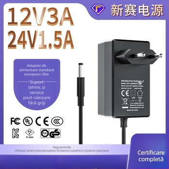 Adaptoare de alimentare cu priză UE, certificat CE, sursă de alimentare switch pentru LED și monitorizare, 12V3A și 24V1.5A, intrare 100–240V