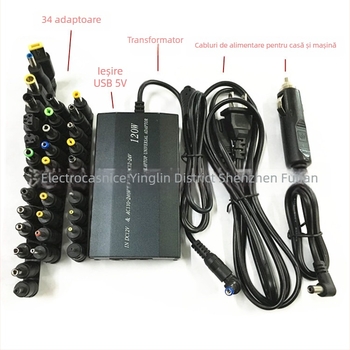 Încărcător universal de 120W pentru casă și mașină, cu 34 interfețe pentru adaptoare, ieșire 12-24V, 5A, intrare 12-240V AC/DC