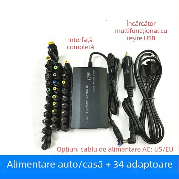 Încărcător universal de 120W pentru casă și mașină, cu 34 interfețe pentru adaptoare, ieșire 12-24V, 5A, intrare 12-240V AC/DC