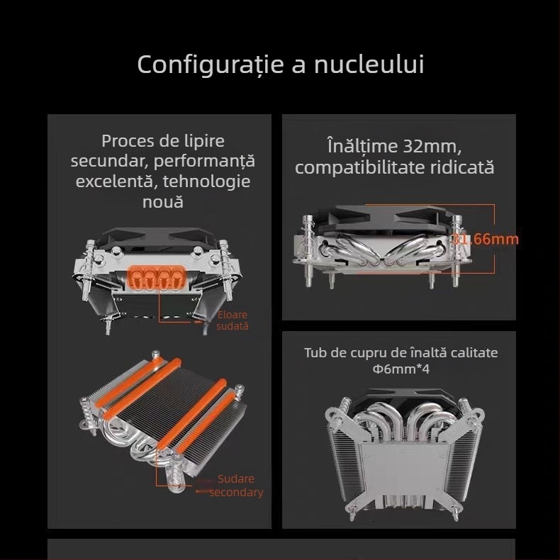 Cooler CPU pentru carcasă ITX/MATX, cu 4 țevi din cupru, compatibil DDR5, socketuri LGA1700/1366/115x
