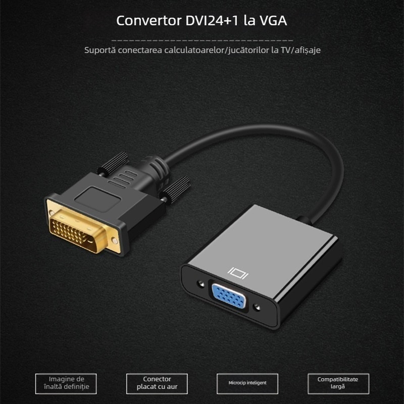 Cablu adaptor DVI la VGA, 24+1 pini, 1080P, Plug and Play, lungime 23 cm