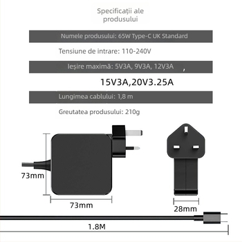 Încărcător USB-C de 65W pentru laptop Lenovo, PD20V, ieșire 5-20V / 3A, intrare 110-240V