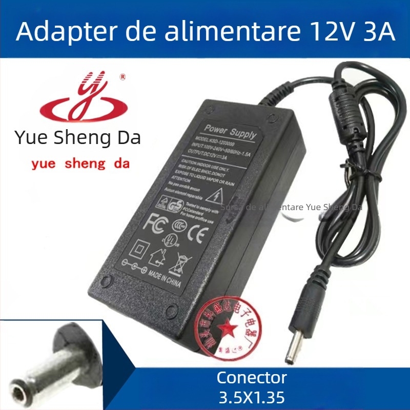 Shengda adaptor de alimentare DC 12V 3A cu conector 3.5×1.35mm, intrare 100–240V, model 12V3A3.5X1.35mm, potrivit pentru monitor, laptop, tabletă, ramă foto digitală