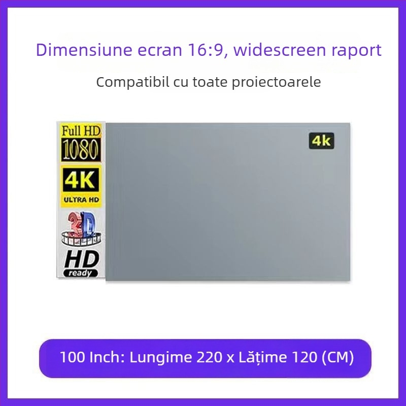 Ecran de proiecție pliabil 4K, anti-reflexie, pentru vizionare în timpul zilei acasă, montaj fără găuri