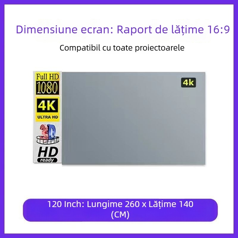 Ecran de proiecție pliabil 4K, anti-reflexie, pentru vizionare în timpul zilei acasă, montaj fără găuri