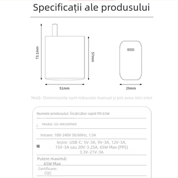Încărcător USB-C PD65W cu un singur port, ieșire 20V/3.25A, intrare 100-240V