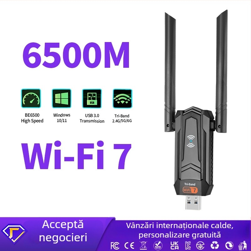 Card de rețea wireless USB 3.0 fără driveri, Wi-Fi 7 6500 Mbps, pentru desktop, 2.4/5/6 GHz, 802.11be