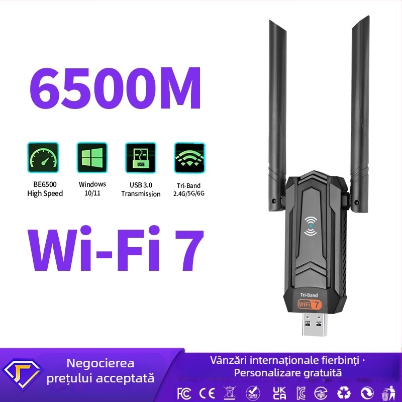 Card de rețea wireless USB 3.0 fără driveri, Wi-Fi 7 6500 Mbps, pentru desktop, 2.4/5/6 GHz, 802.11be