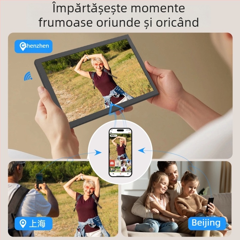 Fotoramă digitală WiFi cu ecran tactil și senzor de gravitație, Rezoluție 1280x800, 32GB stocare, Suport TF card, Redare video