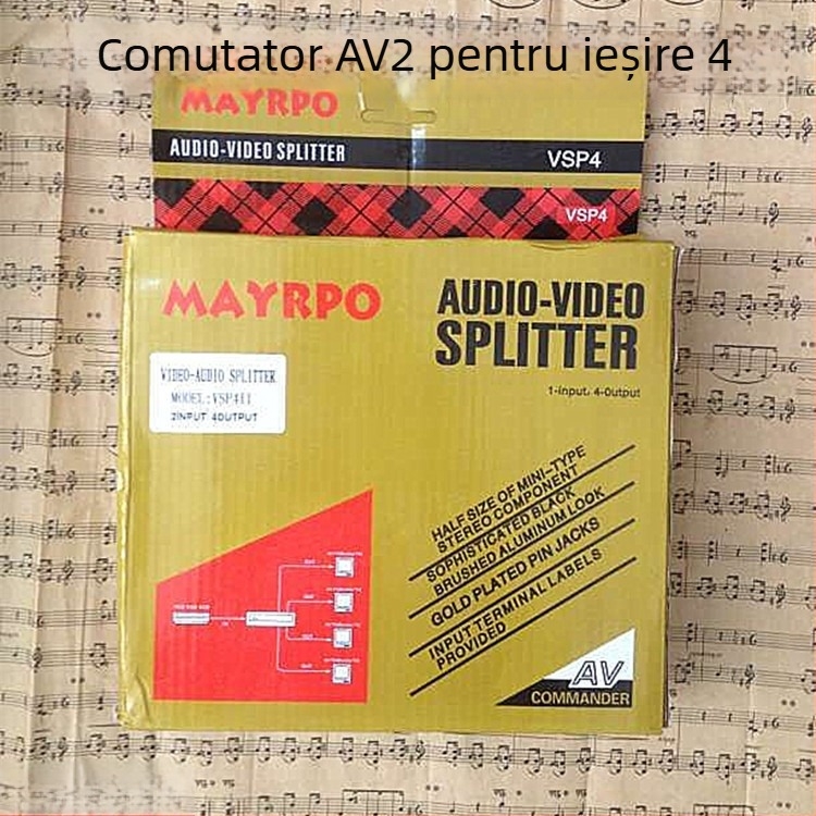 Comutator audio-video 2 intrări, 4 ieșiri, cu conectori RCA (480P, compatibil cu iOS, gestionarea energiei)