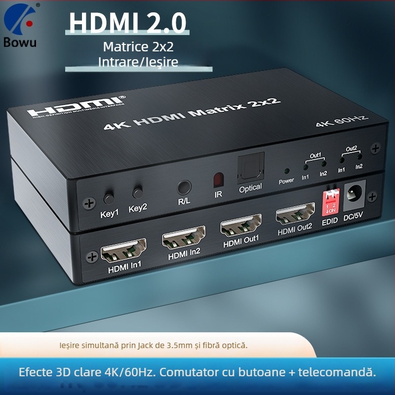 Comutator HDMI Matrix 2x2, 4K60Hz, fibră optică, separare audio 3,5 mm