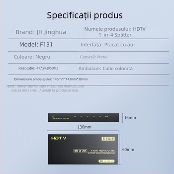 Jinghua splitter HDMI 1 intrare 4 ieșiri, model F131