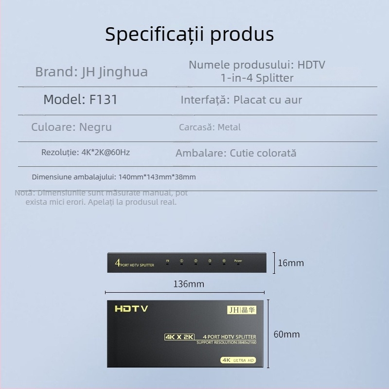 Jinghua splitter HDMI 1 intrare 4 ieșiri, model F131
