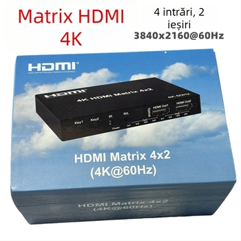 Matrice video HDMI 2.0 4x2, 4 intrări/2 ieșiri, 4K60Hz, separare audio prin fibră optic și 3,5 mm