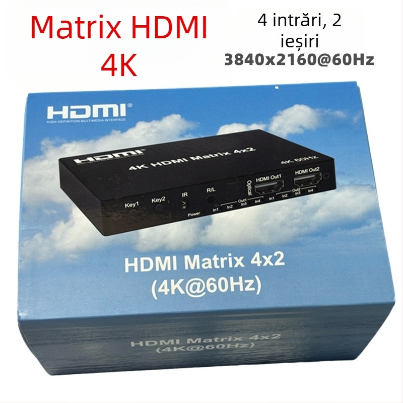 Matrice video HDMI 2.0 4x2, 4 intrări/2 ieșiri, 4K60Hz, separare audio prin fibră optic și 3,5 mm