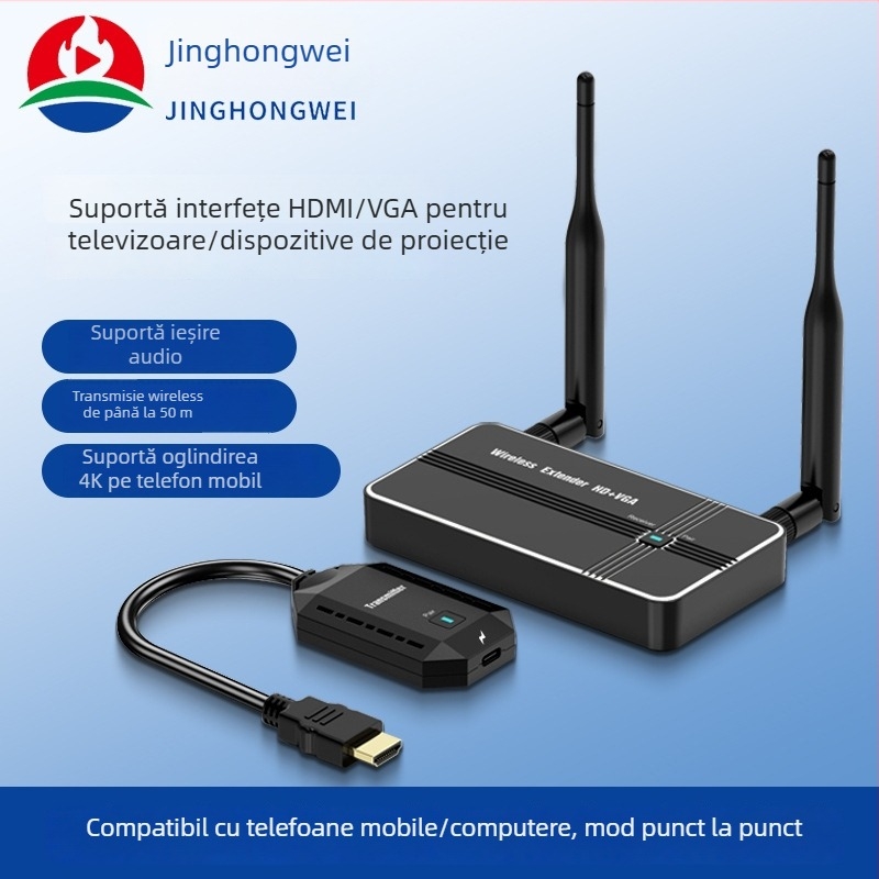 Extender wireless pentru proiecția ecran HD+VGA, rază 50 m, 1080P, compatibil Windows, model GT-HDVGAWL50-V3