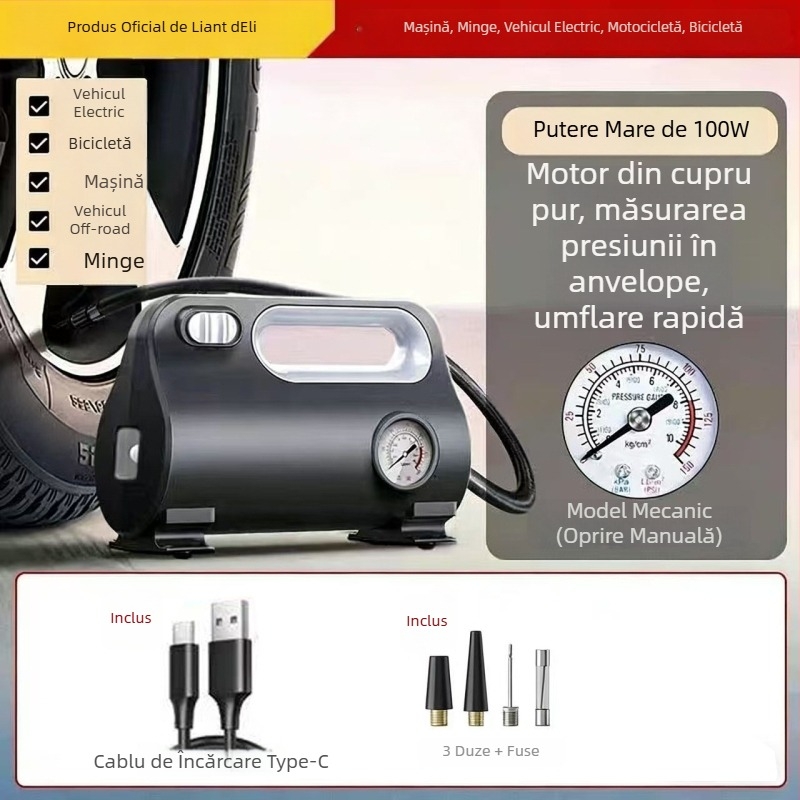 Pompa portabilă electrică pentru pneuri auto, 12V, 100W, afișaj digital, 30 L/min, umflare rapidă