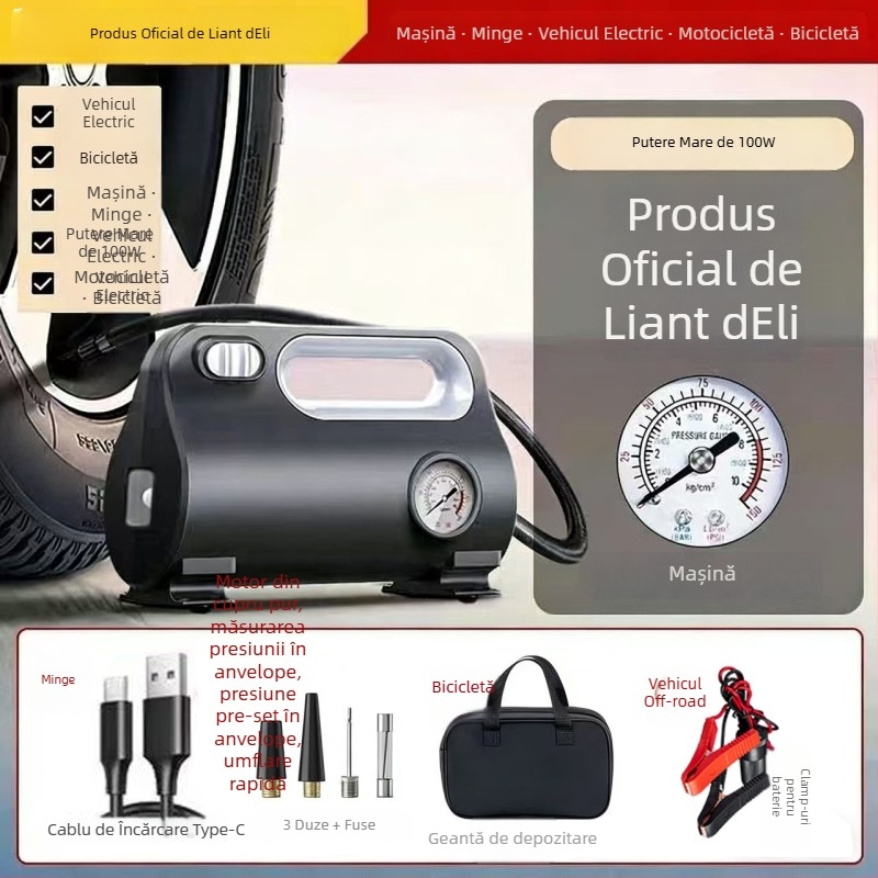 Pompa portabilă electrică pentru pneuri auto, 12V, 100W, afișaj digital, 30 L/min, umflare rapidă