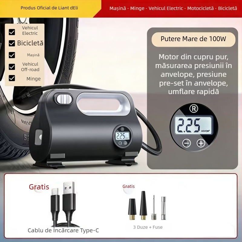 Pompa portabilă electrică pentru pneuri auto, 12V, 100W, afișaj digital, 30 L/min, umflare rapidă