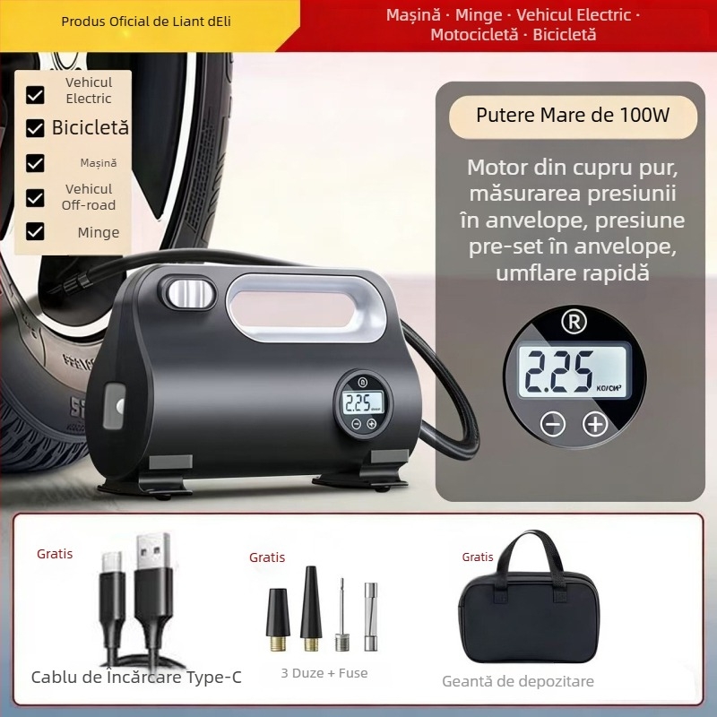 Pompa portabilă electrică pentru pneuri auto, 12V, 100W, afișaj digital, 30 L/min, umflare rapidă