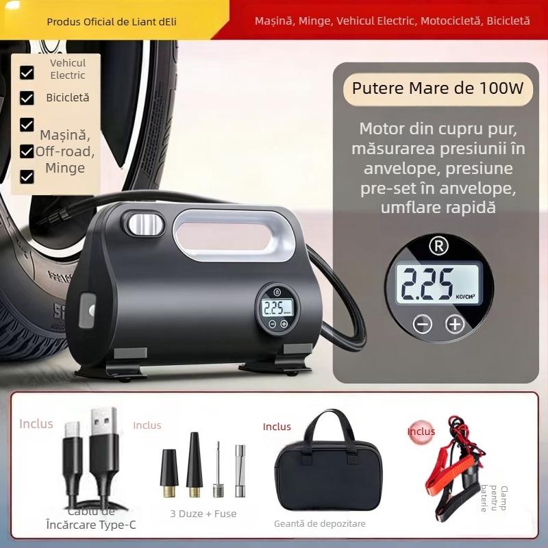 Pompa portabilă electrică pentru pneuri auto, 12V, 100W, afișaj digital, 30 L/min, umflare rapidă