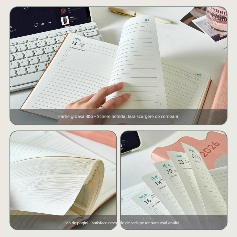 Planer-caiet 2026: plan zilnic de lucru, listă de sarcini, plan săptămânal, jurnal și calendar; copertă PU; legare pe linie; hârtie Dowling 100 g; 300–400 de pagini