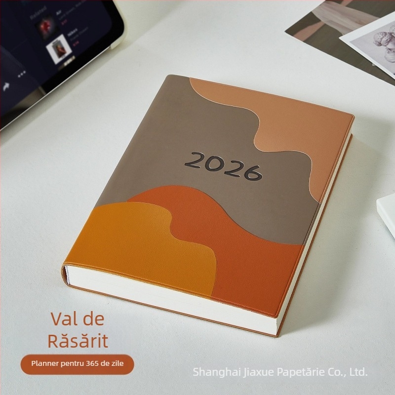 Planer-caiet 2026: plan zilnic de lucru, listă de sarcini, plan săptămânal, jurnal și calendar; copertă PU; legare pe linie; hârtie Dowling 100 g; 300–400 de pagini