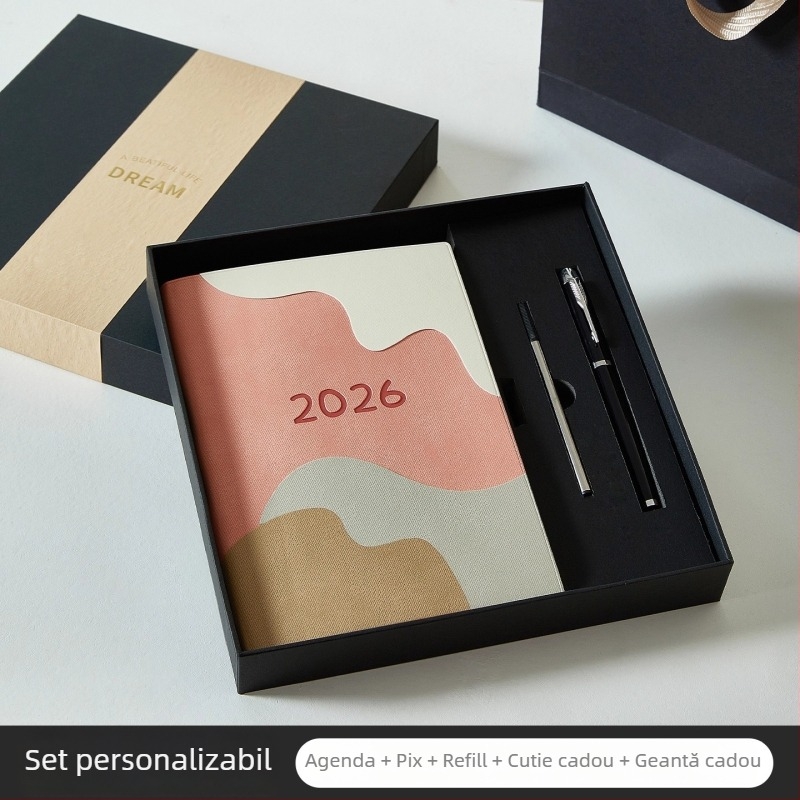 Planer-caiet 2026: plan zilnic de lucru, listă de sarcini, plan săptămânal, jurnal și calendar; copertă PU; legare pe linie; hârtie Dowling 100 g; 300–400 de pagini