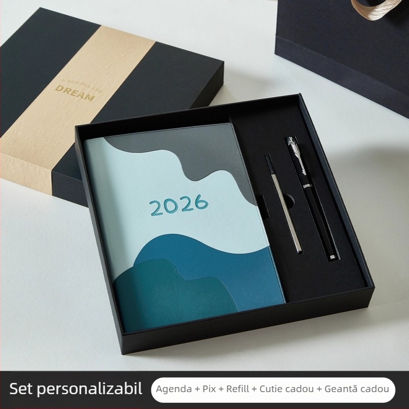 Planer-caiet 2026: plan zilnic de lucru, listă de sarcini, plan săptămânal, jurnal și calendar; copertă PU; legare pe linie; hârtie Dowling 100 g; 300–400 de pagini