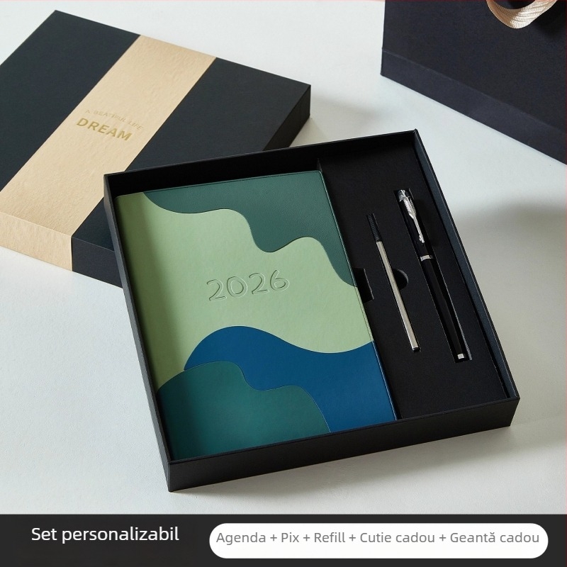 Planer-caiet 2026: plan zilnic de lucru, listă de sarcini, plan săptămânal, jurnal și calendar; copertă PU; legare pe linie; hârtie Dowling 100 g; 300–400 de pagini