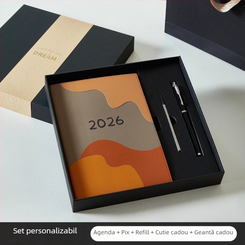 Planer-caiet 2026: plan zilnic de lucru, listă de sarcini, plan săptămânal, jurnal și calendar; copertă PU; legare pe linie; hârtie Dowling 100 g; 300–400 de pagini