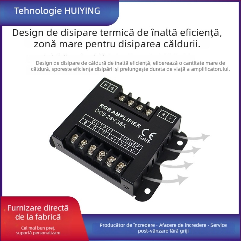 Amplificator RGB în carcasă metalică, 5–24V, terminal cu șurub blocabil, IP20, controller LED
