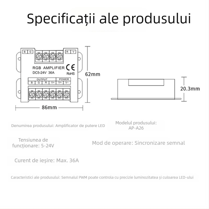 Amplificator RGB în carcasă metalică, 5–24V, terminal cu șurub blocabil, IP20, controller LED
