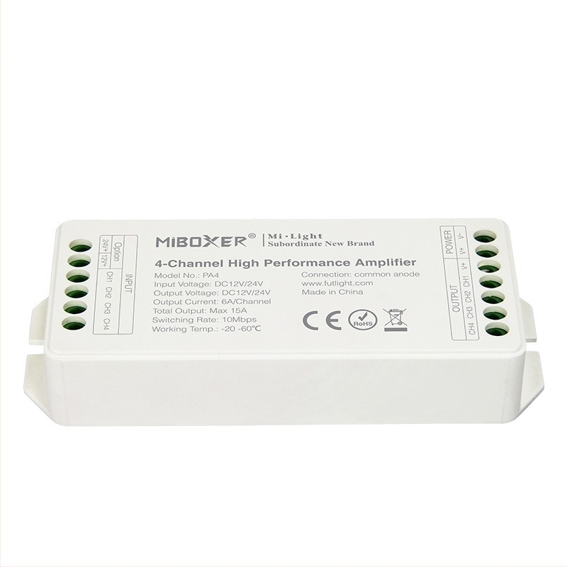 Amplificator/controler RGBW pentru iluminat LED OY-PA4, 12–24V, control RF, IP68, rază până la 30 m, interfață cu borne